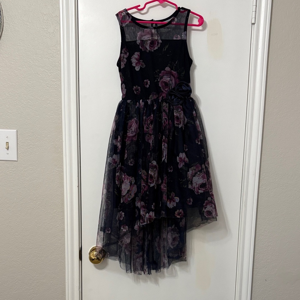 Lilt Navy Blue and Purple Floral Girls Dress with Chenille Draping